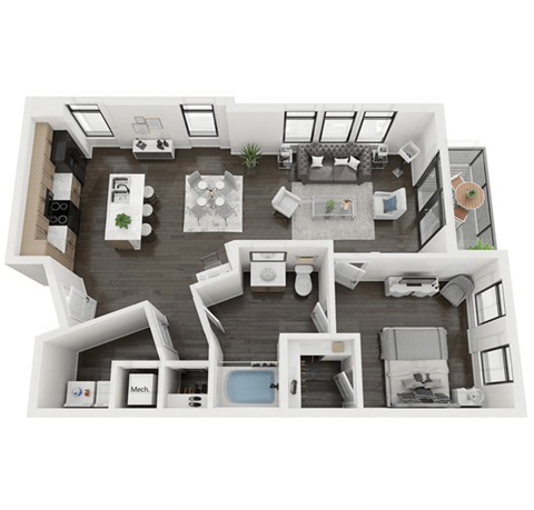 Floor plan for 1 bed, 1 bath, 838 sqft
